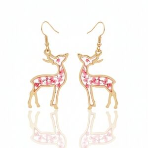 🆕️ Artisan With Real Floral & Resin Gold and Pink Deer Earrings